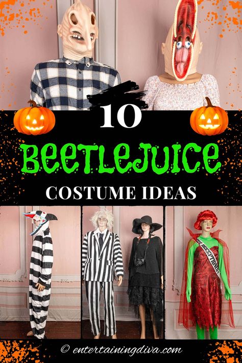 The Best Beetlejuice Costume Ideas | Halloween Beetlejuice Couple Costume, Beetlejuice Costumes, Diy Beetlejuice, Beetlejuice Outfits, Beetlejuice Dress, Beetlejuice Characters, Beetlejuice Halloween Costume, Karneval Diy, Halloween Costumes Brunette