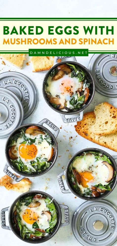 An easy brunch menu idea that's great for individual servings! You'll even want to have this delicious breakfast recipe for lunch and dinner. Made with sautéed mushrooms and spinach, these baked eggs in ramekins are healthy and hearty!