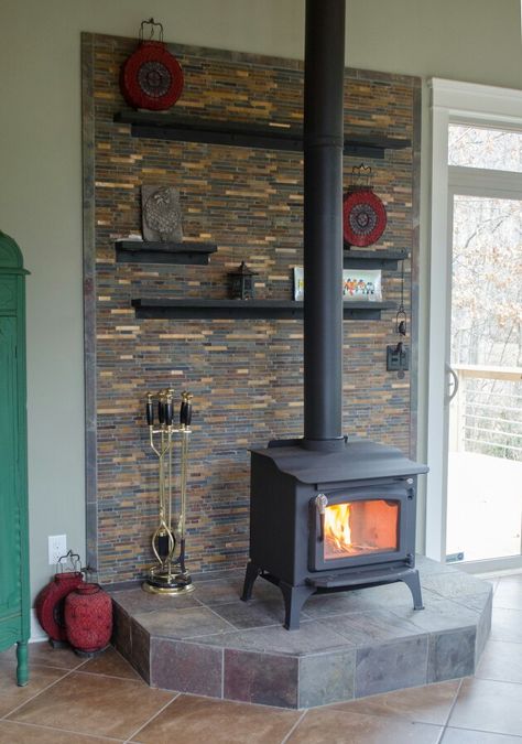 Little to hipster Wall Behind Stove, Woodstove Ideas, Wood Burning Stove Decor, Wood Stove Decor, Wood Burning Stove Corner, Stove Surround, Wood Stove Surround, Wood Stove Installation, Stove Hearth