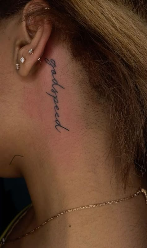 Words On Side Of Neck Tattoo, Ear To Neck Tattoos Women, Behind Ear Vertical Tattoo, Under Ear Neck Tattoo, Small Tattoo Ideas Neck, Beside Ear Tattoo Women, Word Ear Tattoo, Back On Neck Tattoo Women, Back Of Ear Tattoos For Women Unique