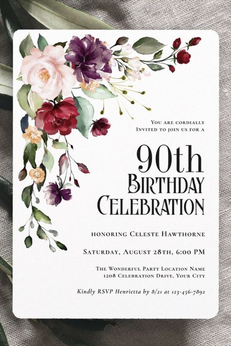 Boho Red Blush and Purple Floral 90th Birthday Invitation
Celebrate a 90th birthday in beautiful boho style with this unique watercolor floral birthday party invitation! #90thbirthday #elegant #birthday #happybirthday #birthdaycards #birthdayparty #floral Floral Birthday Party Invitations, Purple And Peach, Bday Party Invitations, 90th Birthday Invitations, Grandma Birthday Card, 70th Birthday Invitations, Floral Birthday Invitations, Floral Birthday Party, 90's Birthday Party