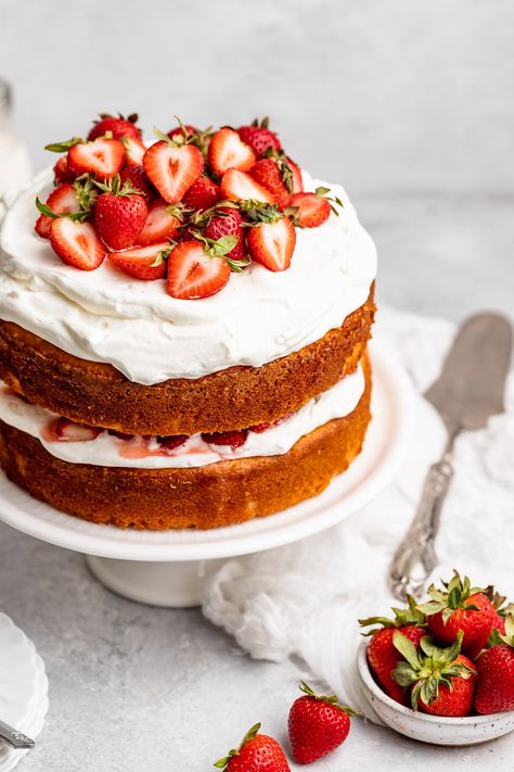 Strawberry Layer Cake + A Video! Strawberry Whipped Cream Cake, Strawberry Cake Decorations, Strawberry Layer Cake, Whipped Cream And Strawberries, Strawberry Layer Cakes, Cream And Strawberries, Strawberry Birthday Cake, Two Layer Cakes, Strawberry Cream Cakes