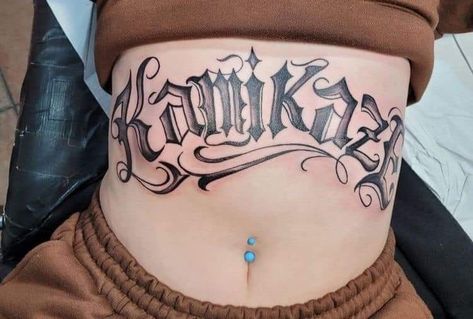 Stomach Name Tattoos Women, Last Name Stomach Tattoos, Stomach Lettering Tattoo Women, Upper Stomach Tattoos Women, Stomach Tattoos Women Words, Stomach Tattoos Women, Stomach Tattoo, Belly Tattoo, Aries Tattoo