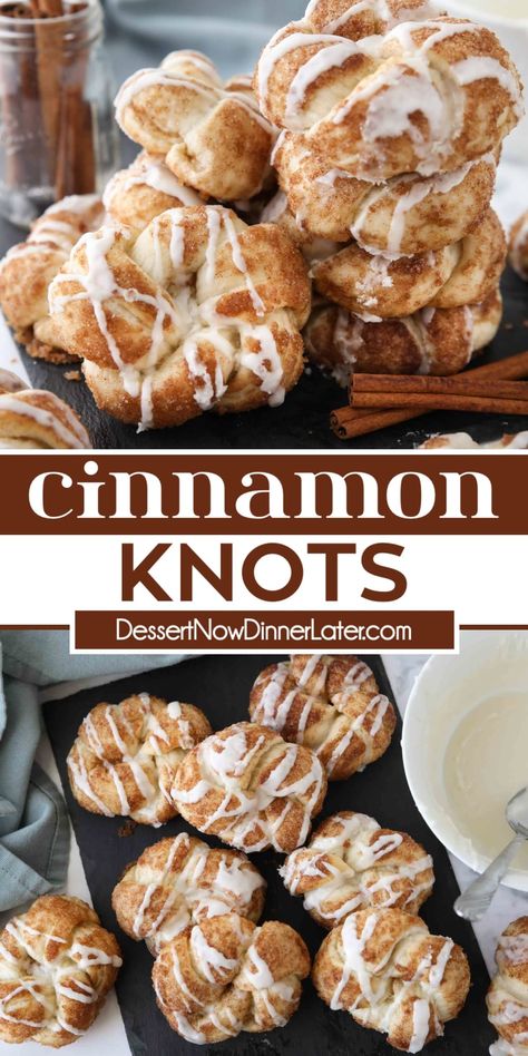 Cinnamon Knots are made from bread dough that's shaped into a knot and coated with butter and cinnamon-sugar. They're easy to make and taste just like cinnamon rolls with a quick icing drizzled on top. A great pastry for breakfast or dessert. Cinnamon Sugar Knots, Rhodes Rolls Breakfast Recipes, Rhodes Sweet Dough Recipes, Cinnamon Knots Recipes, Recipes With Rhodes Frozen Rolls, Rhodes Rolls Recipes Cinnamon, Cinnamon Rolls From Frozen Bread Dough, Cardamom Knots, Sweet Dough Recipe