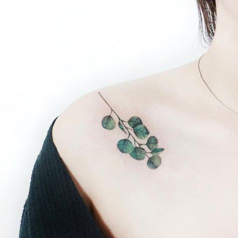 Eucalyptus tattoo inked on the right shoulder by tattooist Ida Planting Tattoo, Eucalyptus Tattoo, Honey Bee Tattoo, P Tattoo, Lavender Tattoo, Beautiful Flower Tattoos, Tattoo Color, Plant Tattoo, Bee Tattoo