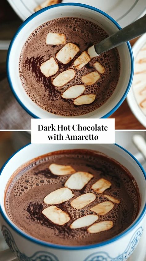 Dark Hot Chocolate with Amaretto: A Rich Delight Amaretto Coffee, Alcohol Chocolate, Dark Hot Chocolate, Holiday Hot Chocolate, Chocolate Garnishes, Tea Drinks, Vanilla Whipped Cream, Steaming Cup, Almond Joy