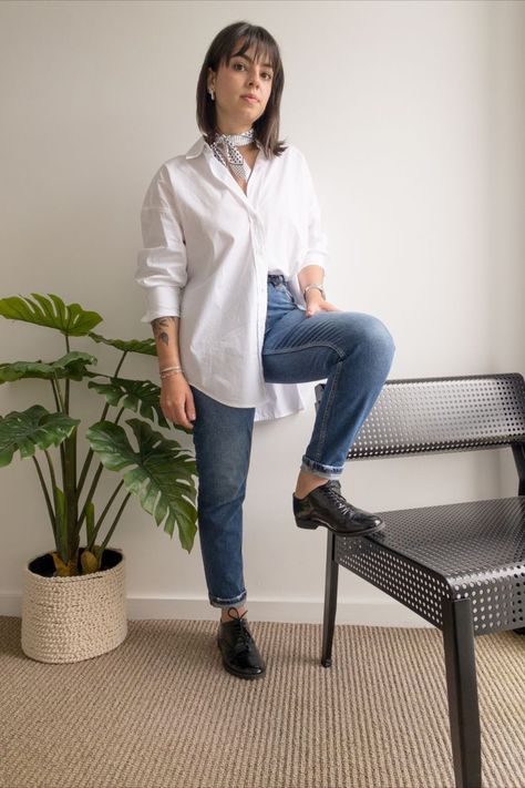 White Oxford Shirt Outfit, Outfit With Scarf, Oxford Shirt Outfit, White Shirt Outfit, White Oxford Shirt, Oxford Shoes Outfit, White Oxford, White Shirt Outfits, Scarf Outfit