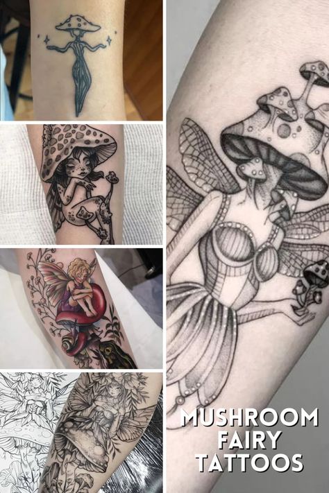 87 Mushroom Tattoo Ideas + Do You Know What They Mean? - TattooGlee Mushroom Witch Tattoo, Mushroom Tattoo Placement, Mushroom And Dragonfly Tattoo, Mushroom Fairy Tattoo Design, Mushroom And Fairy Tattoo, Mushroom Pinup Tattoo, Fairy On A Mushroom Tattoo, Fairy Sitting On Mushroom Tattoo, Fairy Tattoo Ideas For Women