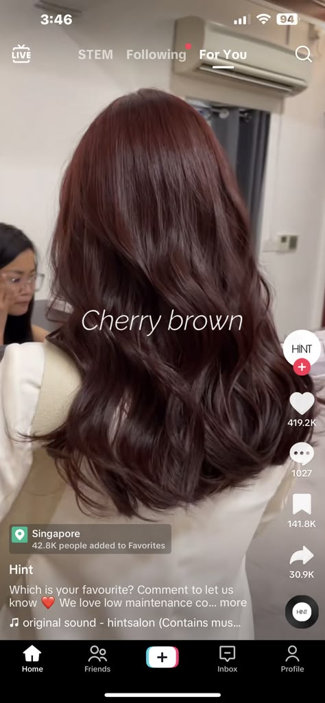 Hair Color For Chinese Women, Hair Colors That Grow Out Well, Rustic Brown Hair Color, Red Brown Shag Hair, Hair Color That Makes Your Skin Lighter, Popular Korean Hair Color, Cool Tone Red Brown Hair, Medium Brown Red Hair Color, Subtle Cherry Red Hair