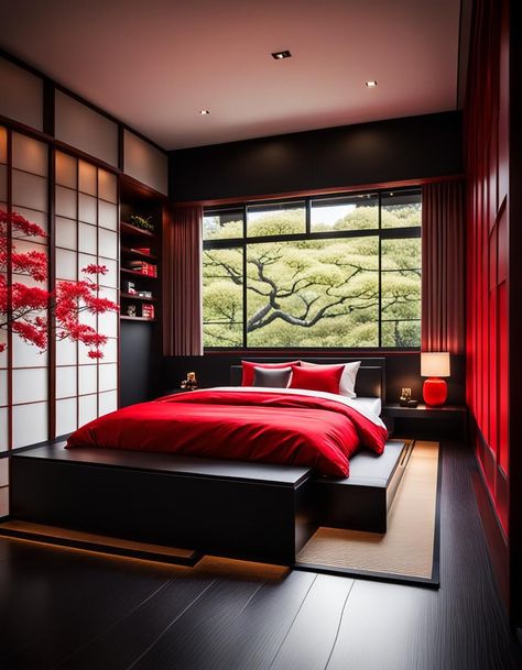 Embrace the serenity of Japanese design with this contemporary bedroom. Zen Elegance, Minimalist Aesthetics, clean lines and uncluttered spaces. Remember, the essence of a modern Japanese bedroom lies in simplicity, harmony, and a deep connection to nature Japanese Rooms Bedrooms, Japanese House Aesthetic Modern, Luxury Japanese Bedroom, Dark Japanese Bedroom, Japanese Theme Bedroom, Japanese Room Bedrooms, Contemporary Japanese Interior, Japanese Themed Bedroom, Japanese Room Aesthetic