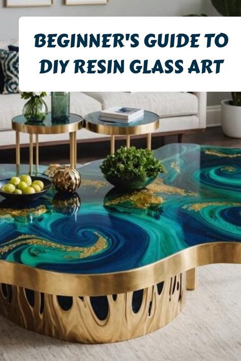 Stylish resin glass art table with a wavy blue and green design, surrounded by modern decor. Diy Epoxy Resin Projects For Beginners, Resin Picture Frames, Epoxy Resin Art Ideas Coffee Tables, How To Use Epoxy Resin, Unique Resin Ideas Diy, Resin Pouring Technique, Crushed Glass Crafts, Unique Resin Ideas, Resin Pour Art