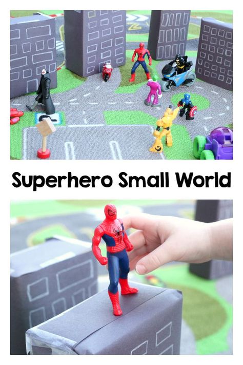 Superhero small world play. Fun superhero play idea! Superheroes Eyfs, Superhero Preschool, Superhero Camp, Super Hero Activities, Role Play Areas, Superhero Crafts, Superhero Classroom, Super Hero Theme, Invitation To Play