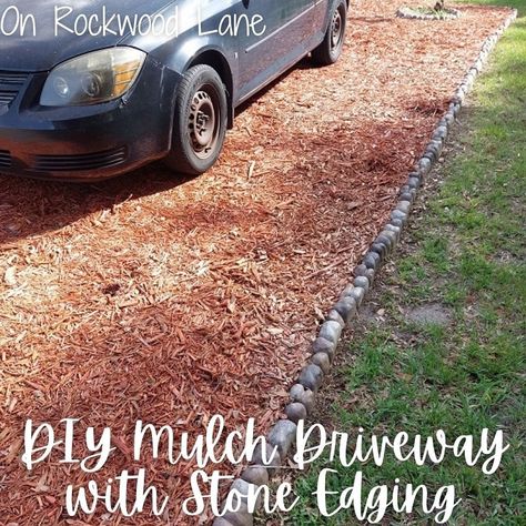 DIY Mulch Driveway with Stone Edging Mulch Driveway Ideas, Wood Chip Driveway Ideas, Wood Chip Driveway, Diy Parking Pad, Driveway Edging Ideas Cheap, Diy Driveway Ideas Cheap, Diy Mulch, Gravel Driveway Edging, Driveway Ideas Cheap