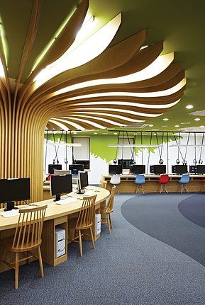 School Library Design, Coast Line, Kindergarten Design, School Interior, Library Furniture, Column Design, Open Office, Library Design, Wooden Tree