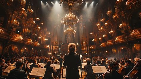 The image shows a conductor standing in front of an orchestra. The conductor is wearing a black suit and has his back to the camera ->> more details in ai-img-gen.com Orchestra Concerts, Orchestra Conductor, Grand Hall, Gold And Red, The Concert, Black Suit, Concert Hall, Classical Music, Orchestra