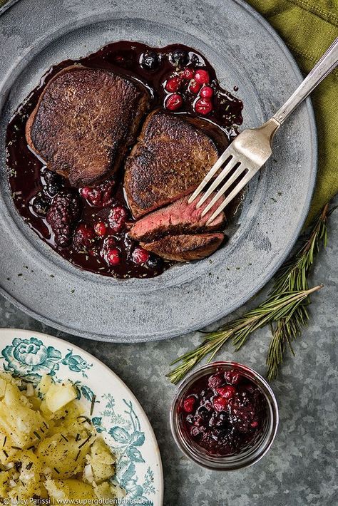 Venison Steak with Port and Red Berries | Supergolden Bakes Venison Steak Recipes, Cooking Venison Steaks, Cooking Boneless Pork Chops, Deer Recipes, Venison Steak, Fantasy Food, Deer Meat Recipes, Cooking Pumpkin, Deer Meat