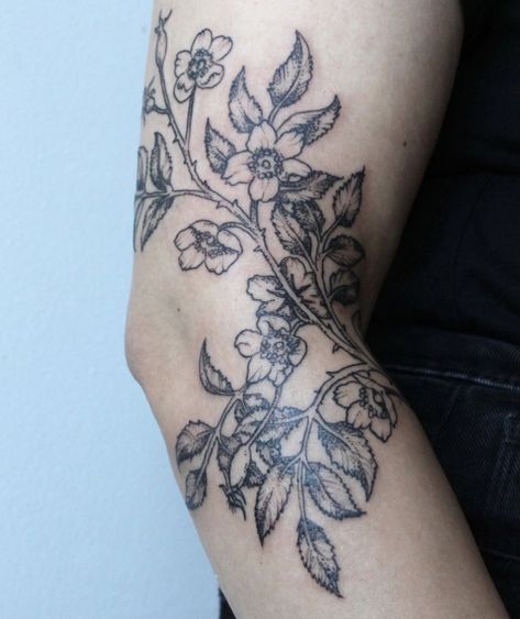 Black And White Shoulder Tattoo Women, Elbow Nature Tattoo, Cottage Garden Tattoo, Botanical Bicep Tattoo, Flower Tattoo Stomach, Above Inner Elbow Tattoo, Wood Block Tattoo, Inner Arm Botanical Tattoo, Arm Sleeve Ideas