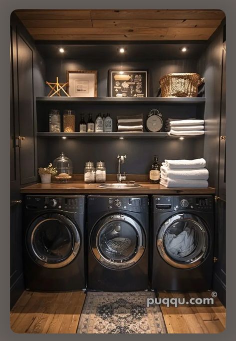 Dark Brown Laundry Room, Black Shiplap Laundry Room, Dark Moody Laundry Room, Black And White Laundry Room Ideas, Moody Laundry Room, Black Laundry Room, Room Ideas Dark, Luxury Laundry, Black Laundry