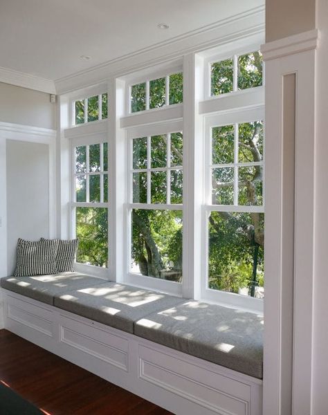 Custom-made Timber Doors & Windows Gallery - ALLKIND Large Front Window Ideas, Large Window Ideas, Window Seat Ideas, Window Seat Design, Cozy Ideas, Sunroom Designs, Picture Window, Window Seats, Double Hung Windows