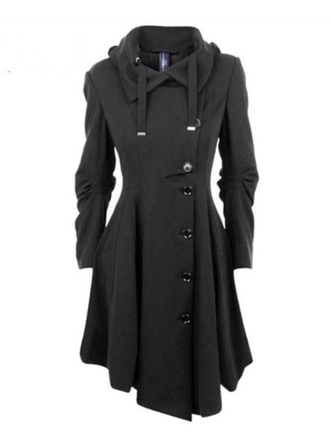 Black Woman Hooded Pocket Long Coats - Cicicloth Gothic Trench Coat, Dress Coat Outfit, Mantel Outfit, Mode Mantel, Long Coats, Stylish Coat, Single Breasted Coat, Slim Fit Dresses, Woolen Coat