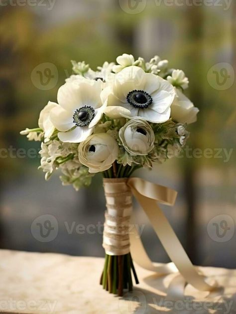 Small Anemone Bouquet, Anemone Flower Boutonniere, Black And White Anemone Bouquet, Wedding Bouquets Anemone, White Poppy Wedding Bouquet, Japanese Anemone Bouquet, Anemone And Ranunculus Bouquet, Anemone Wedding Flowers, Anemone Bridesmaid Bouquet