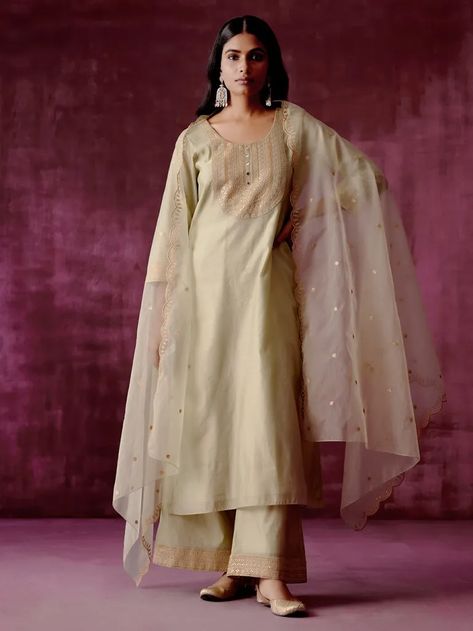 Buy Beige Embroidered Chanderi Suit with Scalloped Organza Dupatta- Set of 3 | TABWK0103/TABI1 | The loom Scalloped Dupatta, Scallop Dupatta, Chanderi Suit, Chanderi Suits, Embroidered Pants, Organza Dupatta, Kurta Set, Modern Bride, Elegant Outfit