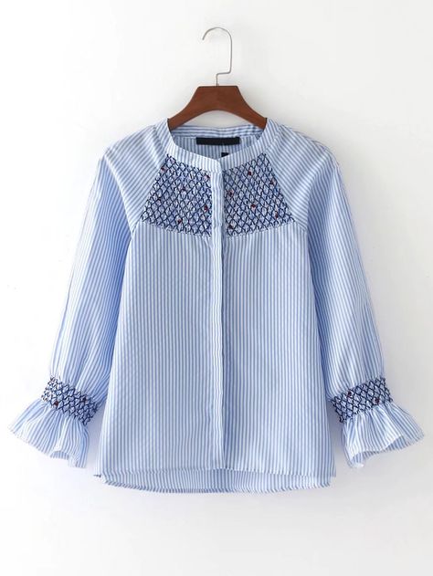 Shop Raglan Sleeve Vertical Striped Embroidered Blouse online. SheIn offers Raglan Sleeve Vertical Striped Embroidered Blouse & more to fit your fashionable needs. Embroidery Blouses, Ideas Embroidery, Blue Striped Shirt, Vintage Flare, Shirt Embroidery, Embroidery Blouse, Embroidery Fashion, Blouse Online, Women Vintage