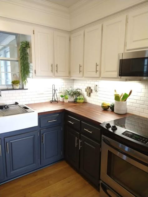 Dark Blue Kitchen Cabinets With Butcher Block Countertops, Butcher Block Navy Cabinets, Two Toned Navy Kitchen Cabinets, Dark Blue Painted Kitchen Cabinets, Dark Blue Bottom Cabinets White Top, Blue And White Kitchen With Butcher Block, Navy Blue Kitchen Cabinets With Wood Countertop, Navy Cabinets Wood Countertop, Navy Blue Countertops Kitchen