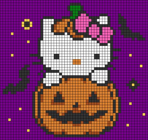 Alpha pattern #174543 | BraceletBook Halloween Sanrio Pixel Art, October Crochet Ideas, Crochet Grid Patterns Halloween, Halloween Grid Pattern, Halloween Crochet Tapestry, Hello Kitty Tapestry Crochet Grid, Alpha Patterns Crochet Hello Kitty, Crochet Alpha Pattern Halloween, Fall Pixel Art