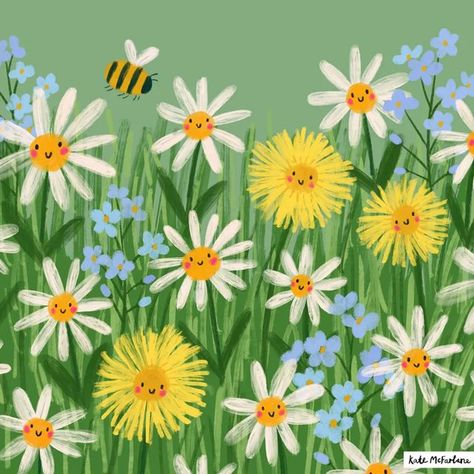 Art Deco Paintings, Bee Illustration, Illustration Simple, Summer Meadow, Garden Illustration, Face Illustration, Bee On Flower, Flower Landscape, Forget Me Nots