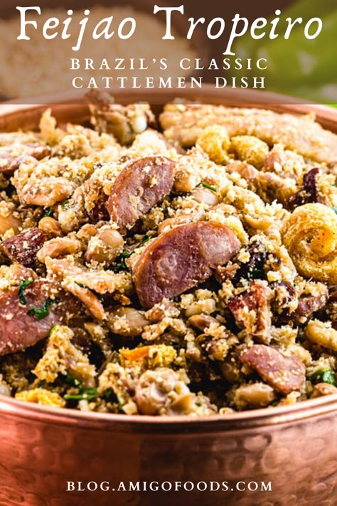 Feijao tropeiro is a classic Brazilian dish introduced by tropeiros, troops of cattlemen, in the 17th century. Tropeiros loved it for its simplicity. Modern variations have become complex, but the original recipe was a simple meal that consisted of dried meat cuts, cassava flour, and beans. #brazilianfood #brazil #feijao #amigofoods South American Dishes, Coco Puffs, Dried Meat, Brazilian Recipes, Brazilian Dishes, South American Recipes, Latin Recipes, Latin American Food, America Food