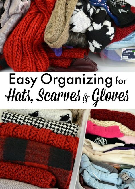 A quick and easy tip to organize hats, scarves and gloves. All you need is a few minutes! | Ask Anna Storage For Winter Hats And Gloves, Organize Winter Hats And Gloves, Organizing Hats And Gloves Winter Gear, Winter Scarf Storage, Organize Hats, Fiberglass Shower Stalls, How To Store Scarves, Bulky Scarf, Scarf Storage