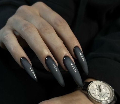 Nails,gray nails,long nails,greyblack nails Punk Nails, Goth Nails, Stiletto Nails Designs, Vibrant Nails, Gray Nails, Pearl Nails, Christmas Nails Acrylic, Nails Only, Bling Acrylic Nails