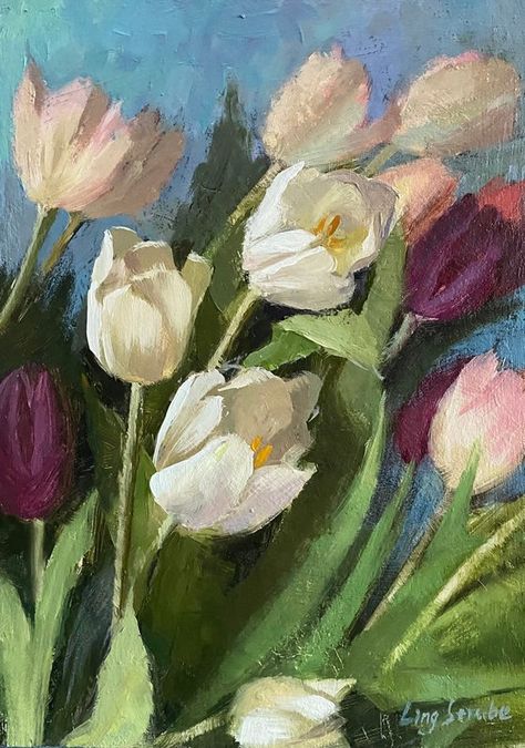 Ling Strube - Paintings for Sale | Artfinder Tulip Painting, Tulips Art, Classic Paintings, Botanical Watercolor, Oil Painting Flowers, Flower Art Painting, Art Inspiration Painting, Painting Art Projects, Hello Spring