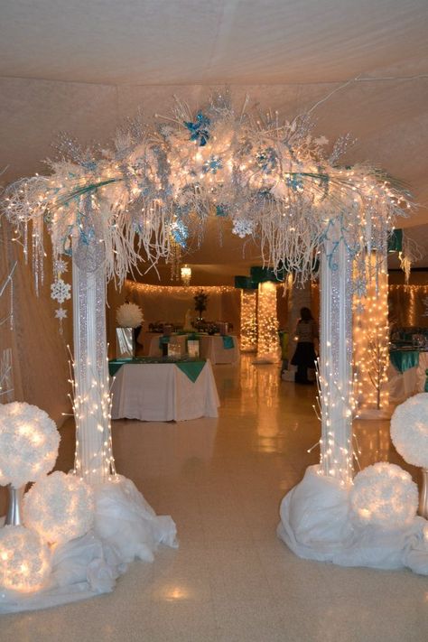 Jackson/Scott Wedding Reception Winter Wonderland Party Decorations Centerpieces, Winter Wonderland Back Drop Ideas, Snow Ball Decor, Winter Wonderland Wedding Ceremony, Winter Land Decorations, Winter Wonderland 15 Theme, Winter Wonderland Ideas Decorations, Winter Wonderland Christmas Party Ideas, Ball Ideas Formal Decorations