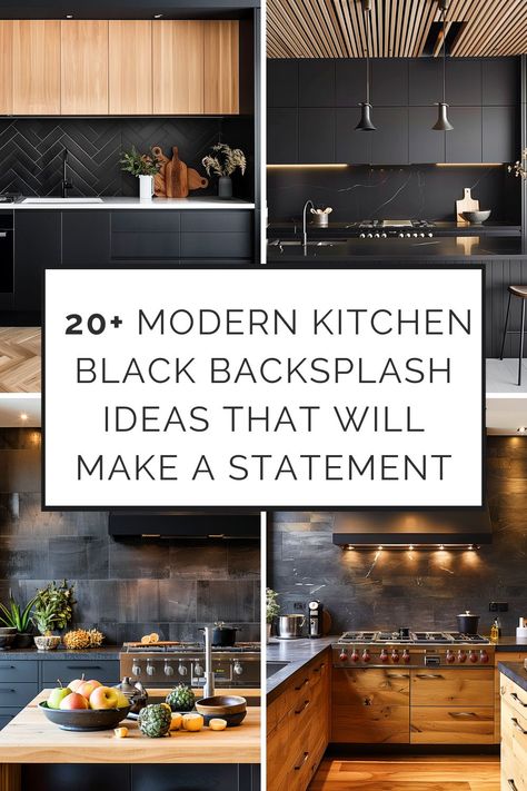 20  Modern Kitchen Black Backsplash Ideas That Will Make a Statement - HearthandPetals Kitchen Black Backsplash Ideas, Kitchen Black Backsplash, Modern Kitchen Black, Minimalist Kitchen Backsplash, Black Splashback, Black Tiles Kitchen, Contemporary Kitchen Backsplash, Backsplash Kitchen White Cabinets, Backsplash Trends