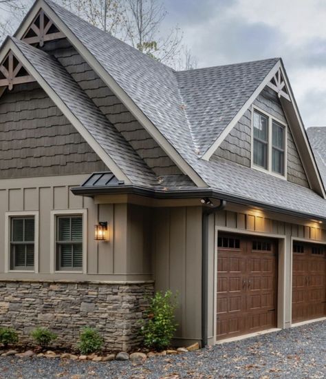 Redwood House Exterior, River Rock Home Exterior, Dark Tan Siding House Color Schemes, Garage Gable End Ideas, Natural Siding Exterior, Dark Brown Board And Batten Siding, Remodel Exterior Before And After, House Exterior Stone And Siding, Wide Siding Exterior