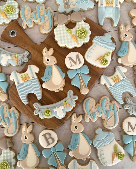 Bunny Baby Shower Theme, April Baby Shower, Rabbit Cookies, Easter Baby Shower, Peter Rabbit Party, Baby Shower Theme Decorations, Bunny Baby Shower, Sprinkle Baby Shower, Baby Shower Brunch