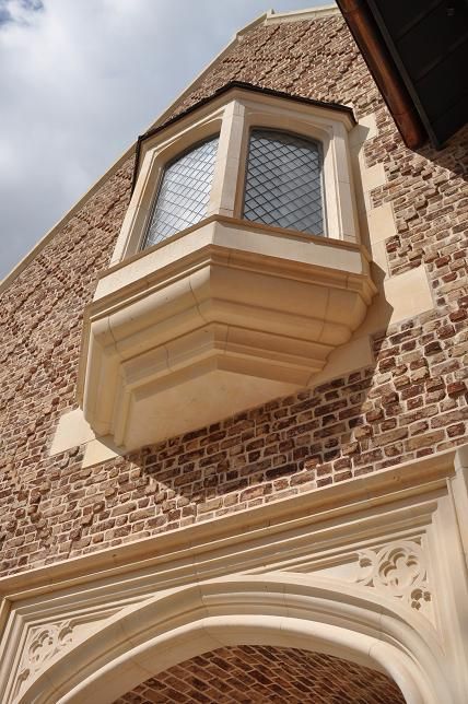 cast stone bay window Bay Window Exterior, Oriel Window, Window Exterior, Lead Roof, Tudor Architecture, Stone Homes, Interior Design Drawings, Tudor Revival, Revival Architecture