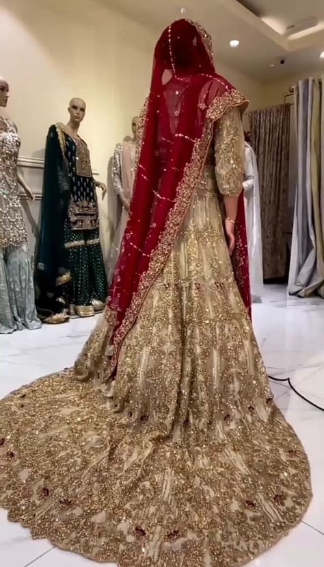 Light Golden Bridal Maxi Design & Brownish Embroidery Full Work with Red Dupatta Cornern Bordered..! Gold Bridal Lengha With Red Dupatta, Golden Bridal Lehenga With Red Dupatta, Golden Lehnga Bride, Golden Bridal Lehenga, Bridal Maxi, Red Dupatta, Pakistani Bridal Dress, Nikah Dress, Red Bridal Dress