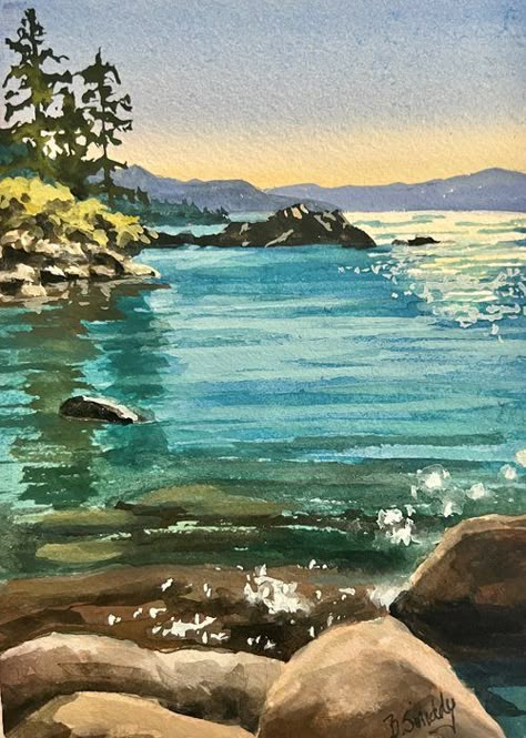 Lake Tahoe Painting — B. Smiddy Artwork B. Smiddy Artwork Tahoe Painting, Beachy Paintings, Landscapes Watercolor, Water Artwork, Lake Artwork, Summer California, Watercolor Calendar, Scratchboard Art, Watercolor Art Landscape