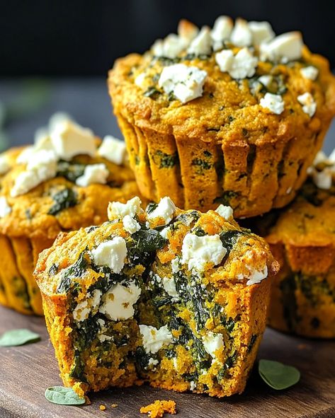 Pumpkin Spinach and Feta Muffins - Savory, Healthy, Delicious 1 Cup Pumpkin Puree, Pumpkin Spinach, Creme Brulee Cheesecake, Savory Pumpkin, Savory Muffins, Fresh Spinach, Savoury Baking, Spinach And Feta, Dessert Lover