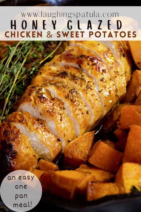 Seared in honey, butter and thyme- this delicious one pan meal is a family favorite. Chicken Breast And Sweet Potatoes, Honey Potatoes, Bake Chicken Breast, Chicken With Sweet Potatoes, Chicken Potato Bake, Honey Glazed Chicken, One Pan Meal, Bake Chicken, Yellow Rice