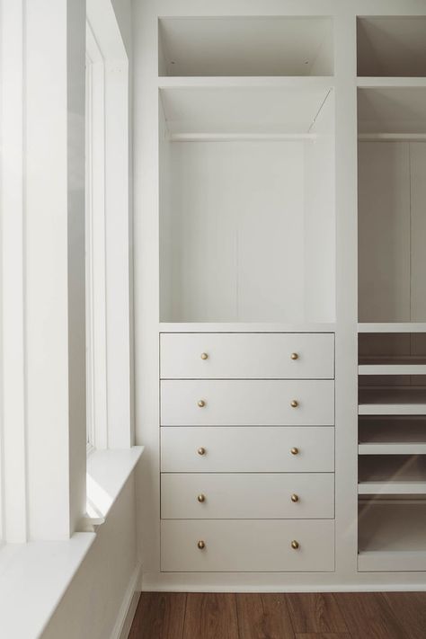 Nursery Closet Design, Walk In Closet Ideas Ikea Built Ins, Coastal Closet Ideas, Built In Nursery Closet, Ikea Closet With Drawers, Ikea Pax Kids Closet, Ikea Pax Nursery, White Built In Closet, Ikea Dresser Built In Closet