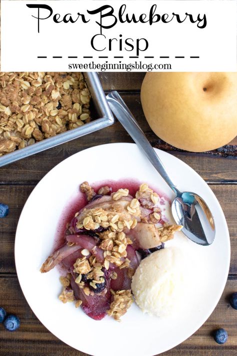 Pear Blueberry Crisp is a refreshing dessert, full of fresh fruit and topped with a cinnamon-sugar oat crumble – perfect for spring and summer gatherings. #pear #blueberrycrisp #SweetBeginningsBlog #SpringSweetsWeek #dessert #sponsored #Anolon #SelefinaSpices #TaylorandColledge Spring Sweets, Fruit Crisp Recipe, Oatmeal Crisp, Pear Crisp, Spring Recipes Dessert, Pear Crumble, Blueberry Crisp, Friends Recipes, Spring Baking