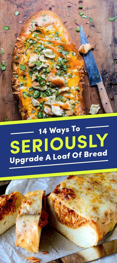 14 Ways To Seriously Upgrade A Loaf Of Bread Loaf Sandwiches, French Bread Ideas, French Bread Appetizers, Cheesy Broccoli Bites, Comfort Eating, Stuffed Breads, Hilarious Tumblr Posts, French Bread Loaf, Baguette Bread