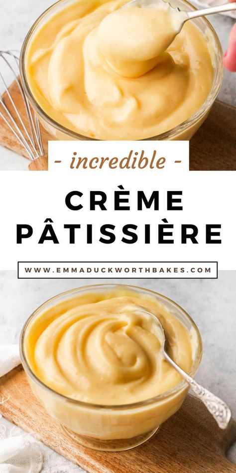 Classic Crème Pâtissière is a creamy French custard pastry cream used to fill fruit tarts, choux buns and more. Learn how to make it with my step-by-step guide. Eclair Filling Recipe, Dessert Fillings, Vanilla Pastry Cream Recipe, Custard Pastry, French Custard, Vanilla Pastry Cream, Choux Buns, Pastry Cream Recipe, French Baking