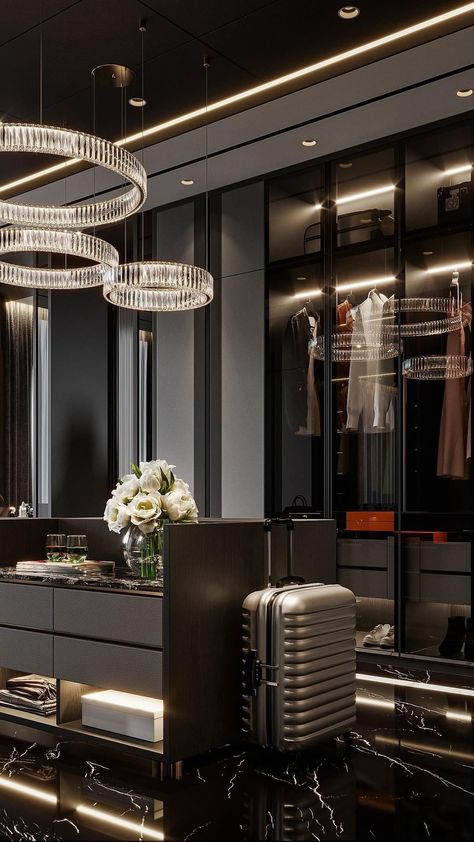 GMJ | INTERIOR + ARCHITECTURE | Merge fashion with function in our exquisite walk-in closet design! 🧥👖Discover a dark, luxurious mood that perfectly balances your fashion… | Instagram Luxury Walk In Closet Aesthetic, Master Walk In Closet Ideas Luxury, Luxury Closet Designs Master Suite, Vegas Penthouse, Walk In Closet Luxury, Walking Wardrobe, Luxurious Walk In Closet, Luxurious Dressing Room, Penthouse Ideas