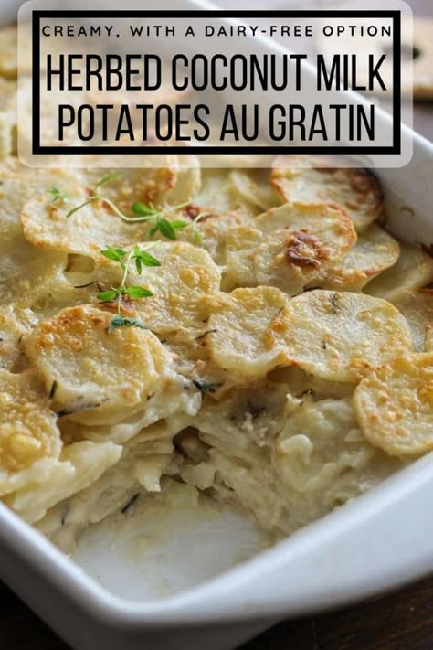 Dairy Free Potato Casserole Recipes, Dairy Free Casseroles Dinners, Dairy Free Potatoes Au Gratin, Dairy Free Potato Gratin, Dairy Free Potato Casserole, Dairy Free Casserole, Dairy Free Christmas Recipes, Gluten Free Scalloped Potatoes, Au Gratin Potatoes Easy