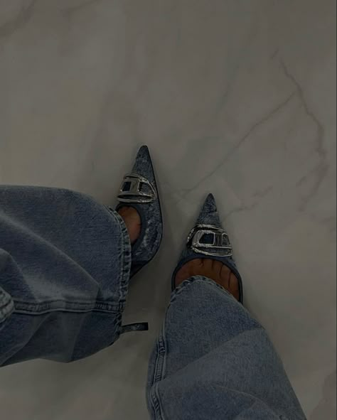 Diesel Heels, Jean Heels, Diesel Shoes, Denim Heels, Jeans Heels, Pointy Heels, Heels Aesthetic, Jeans With Heels, Heels Outfits